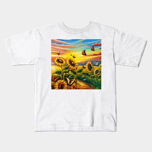 Sunflowers Field and Butterflies Oil Painting Kids T-Shirt